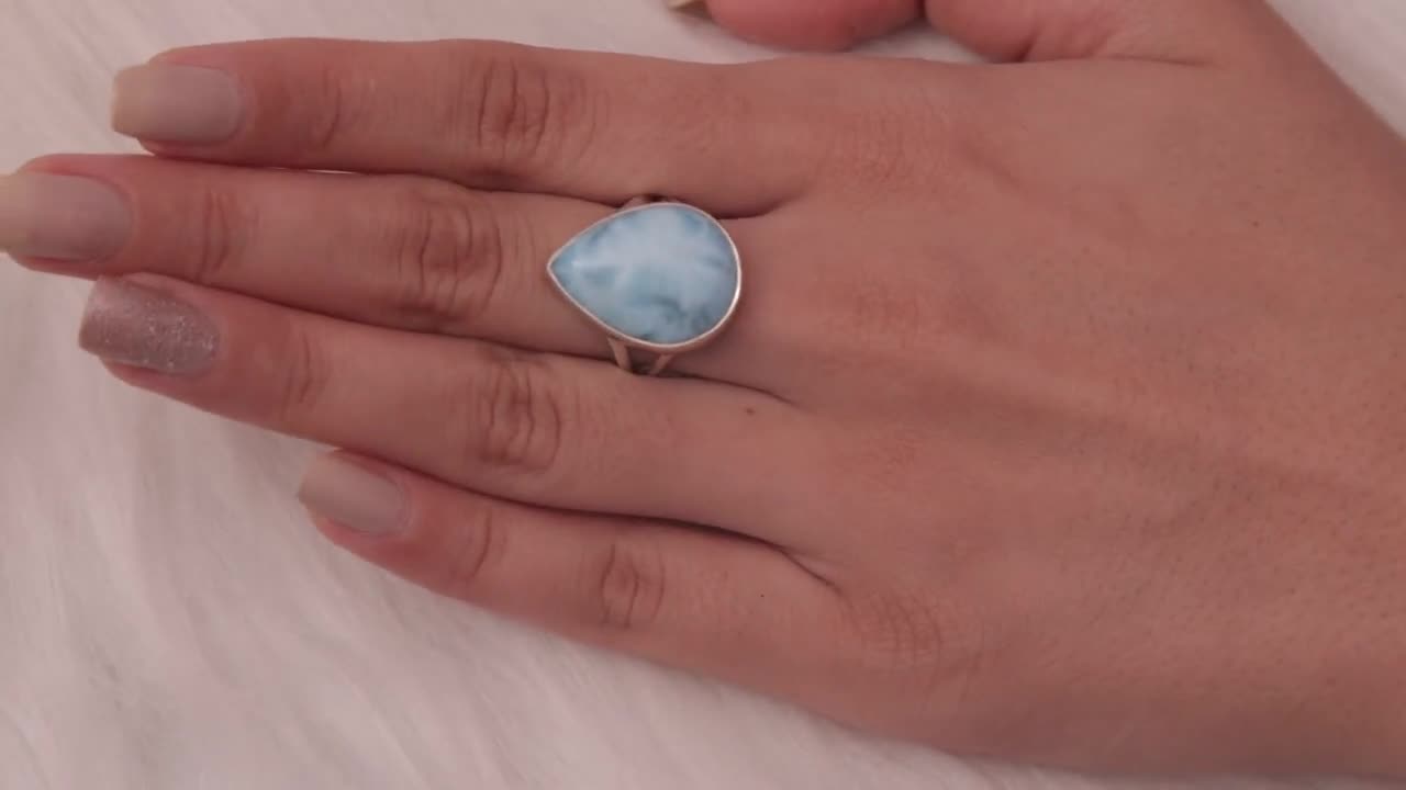 天然ドミニカ産ラリマーリング、925スターリングシルバーリング、ペア