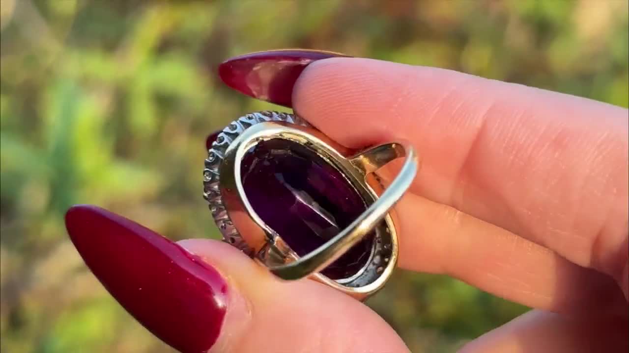 Amethyst and Garnet Stone Cocktail Ring in 92.5 Sterling Silver by Safeera, Vintage Amethyst Diamond Cocktail Ring 15ct Amethyst