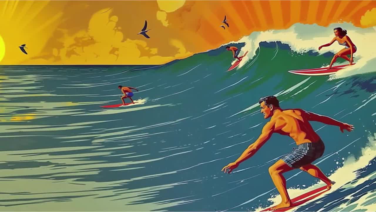 Gift for Surfer. Retro Surf Couple Illustration. Vintage 1960s