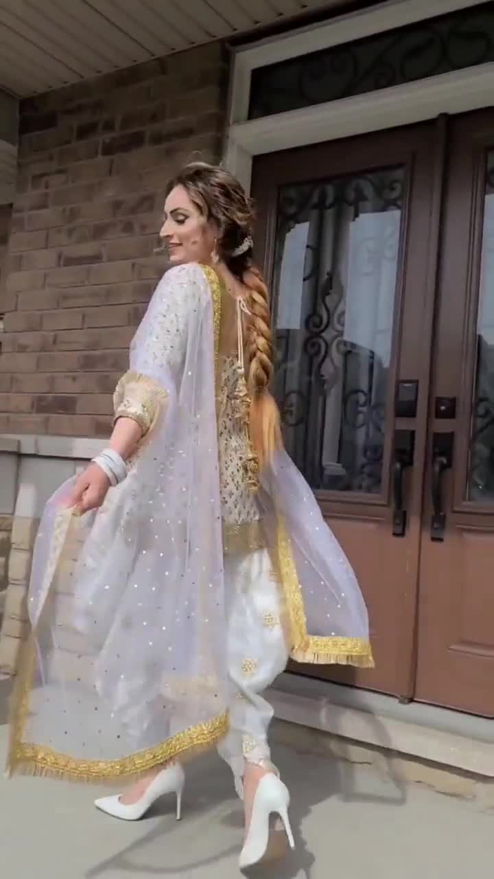 Glamorous White Silk Designer Crosia Kameez With Umbrella Sleeves