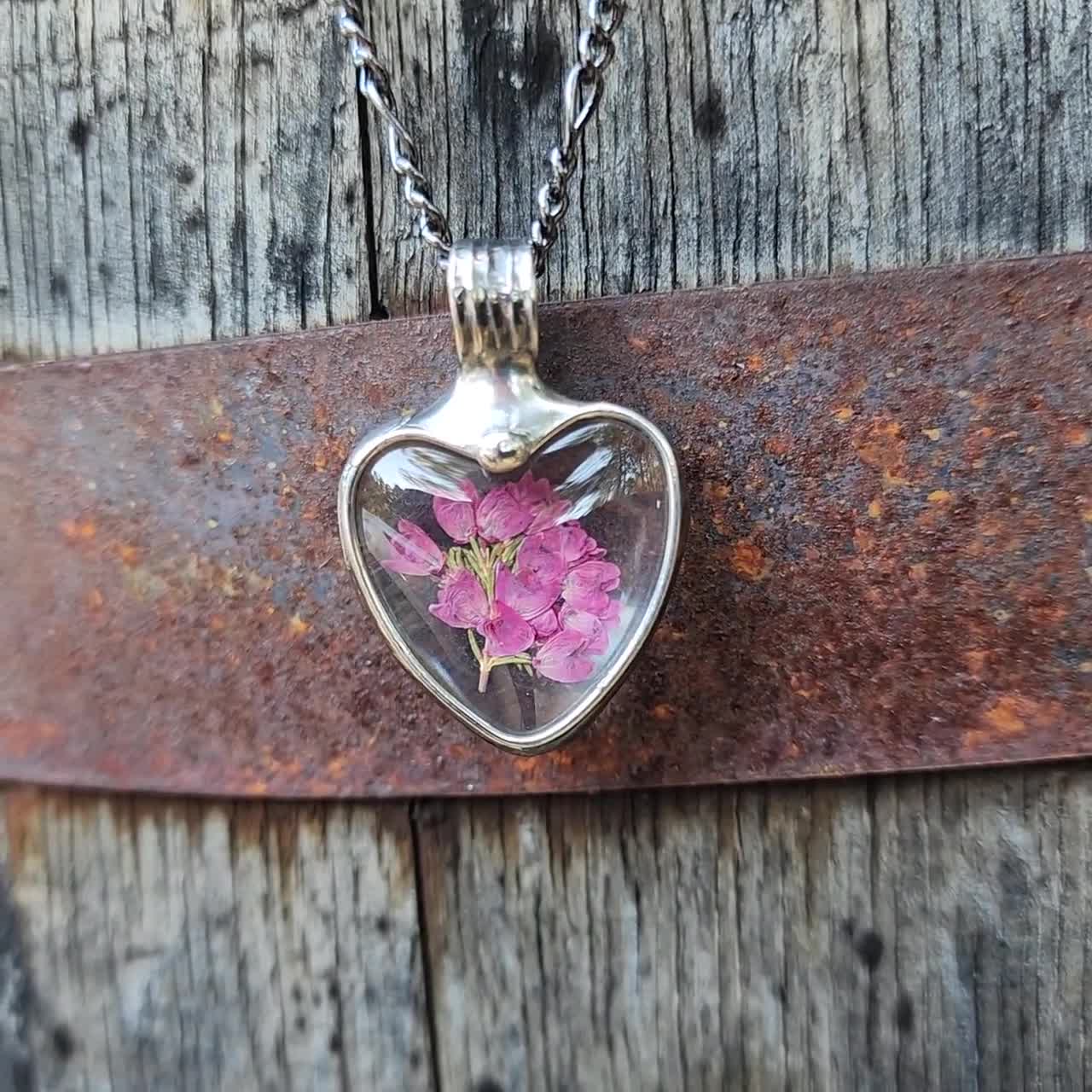 Pink Heart Necklace for Women, Real Heather Flower high quality Jewelry, Gift for Wife, Gift for Girlfriend, Gift for Mom, Handmade Necklaces for Her