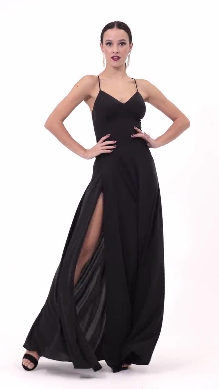 Black open back dress, Maxi open leg dress, Summer cocktail party dress,  Casual high slit long dress, Spaghetti criss cross back dress
