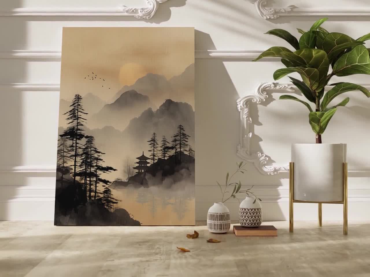 日本の塔の日の出キャンバスアート、ミニマリストのインク風景画