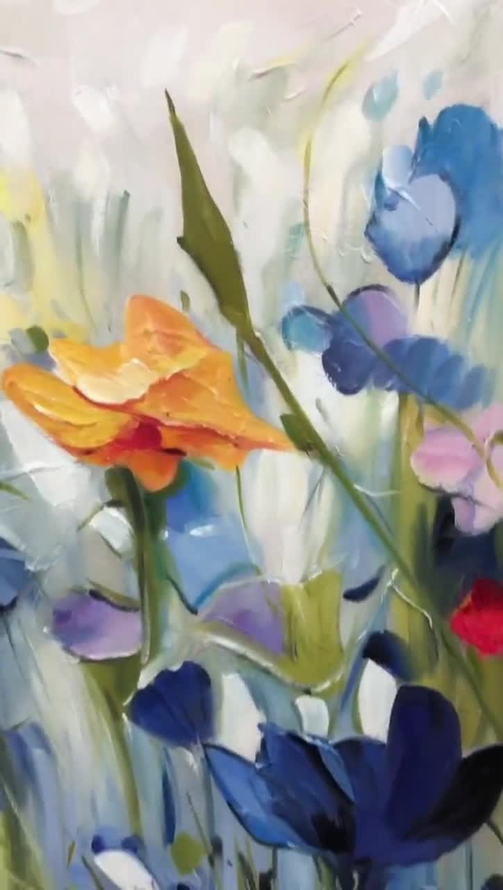 抽象的でモダンなカラフルな花の絵画、キャンバスに描かれたオリジナル