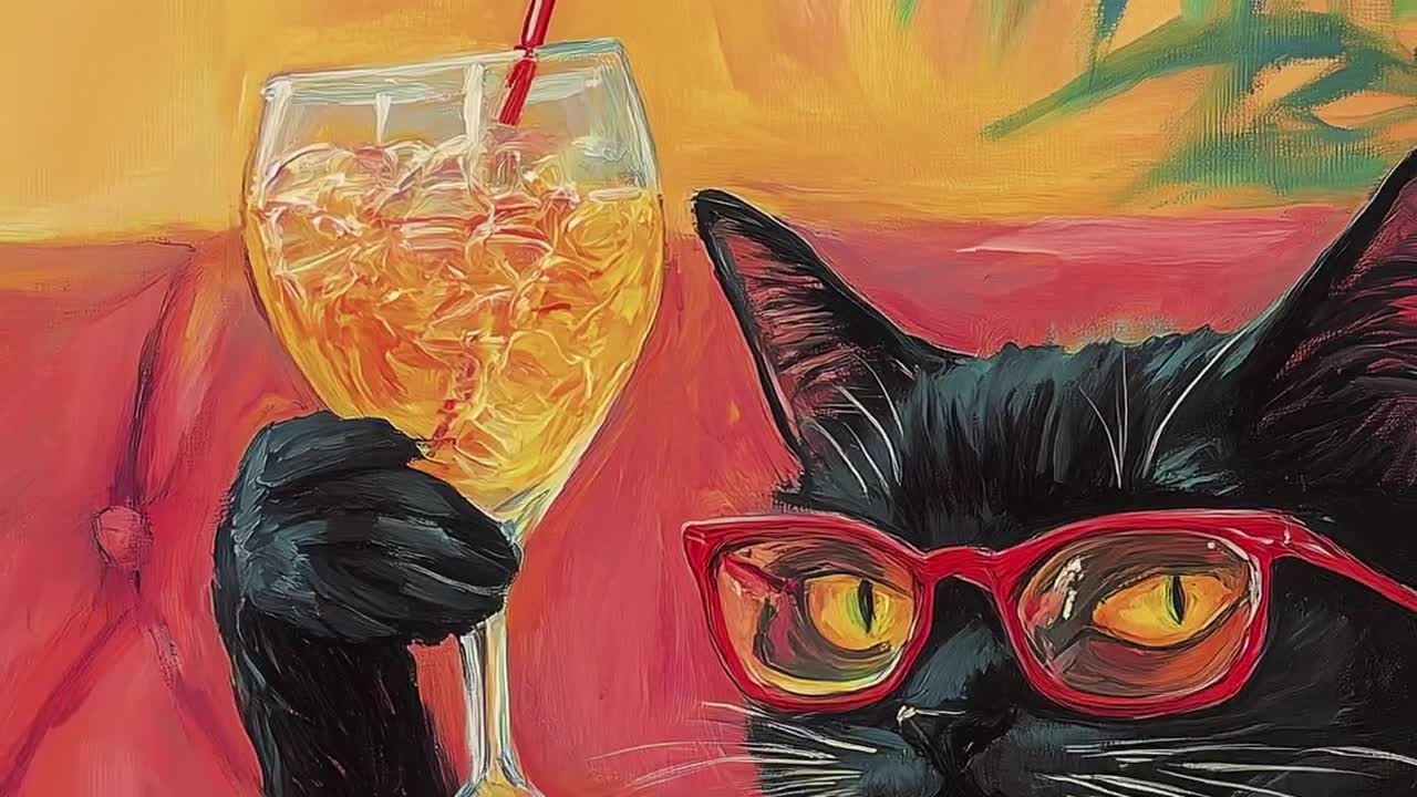 マキシマリストな黒猫のカクテルポスター、レトロな70年代の美的