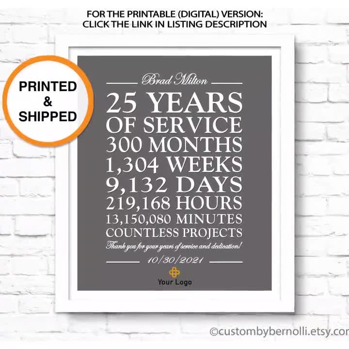 25 Year Work Anniversary Print, 25th Employee Anniversary Gift Idea, Thank You Gift, Years Of Service, Retirement Gift, Work Plaque