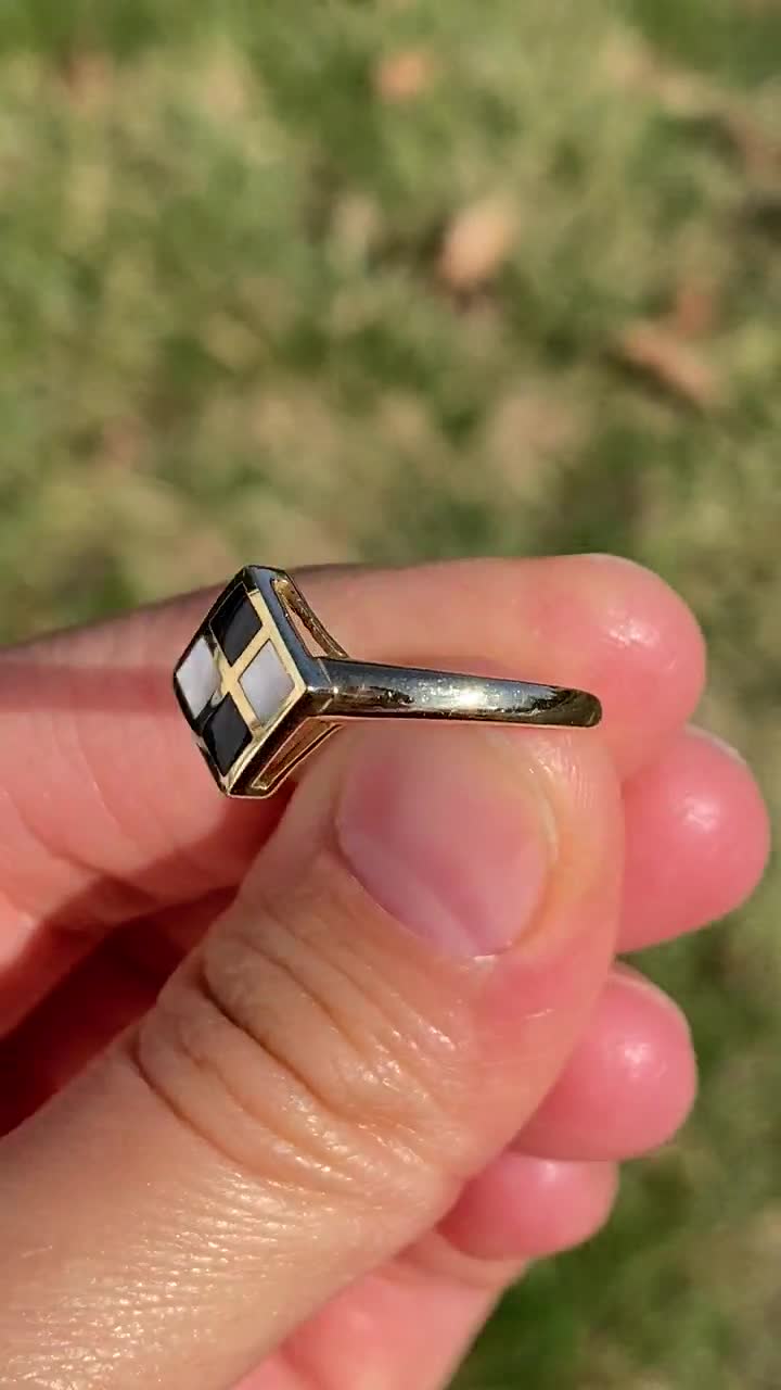 Checkerboard Onyx and Mother of Pearl Ring in Yellow Gold - Etsy