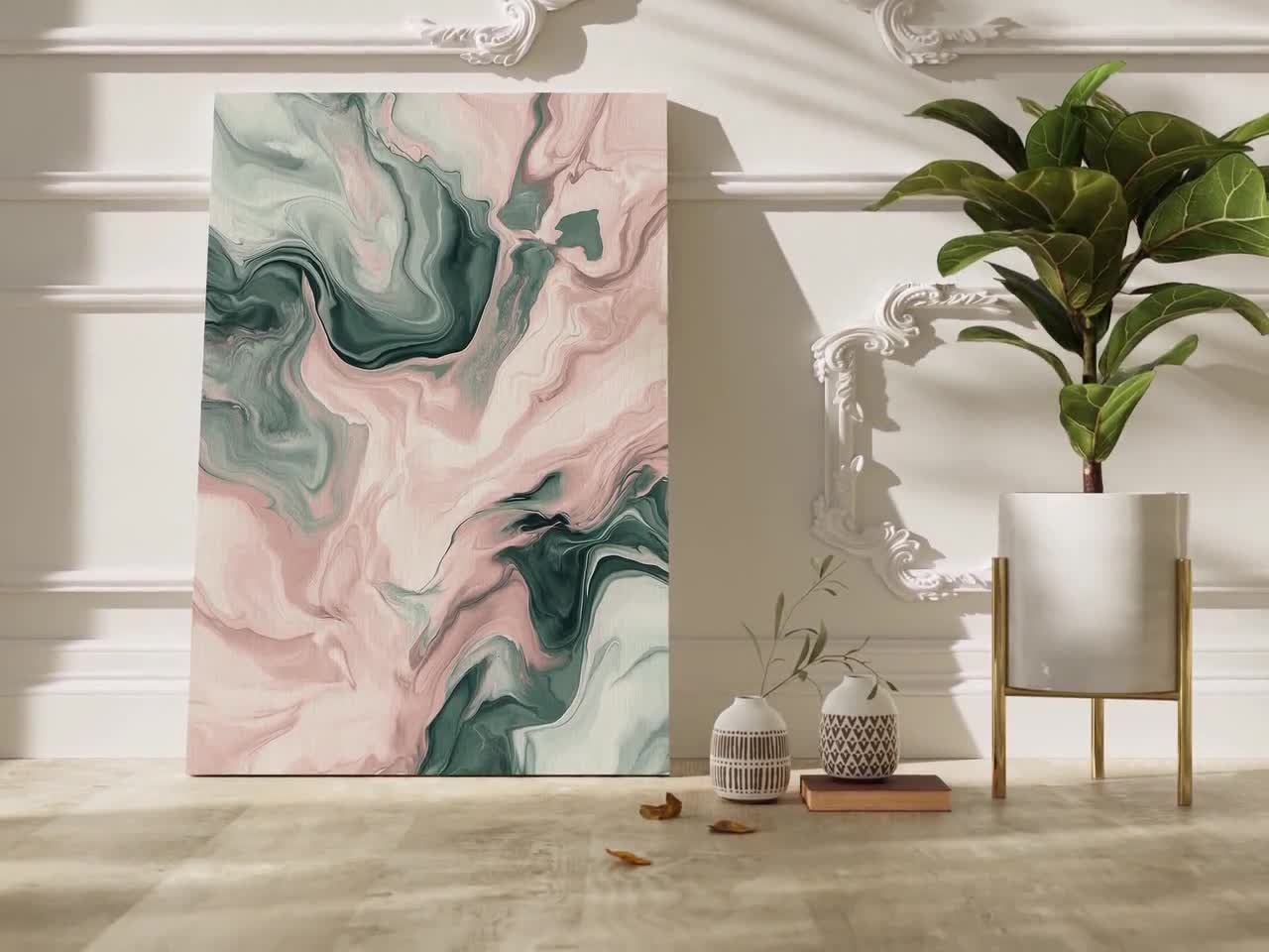 ブラッシュピンクとティールの大理石キャンバスアート | 抽象的な流体