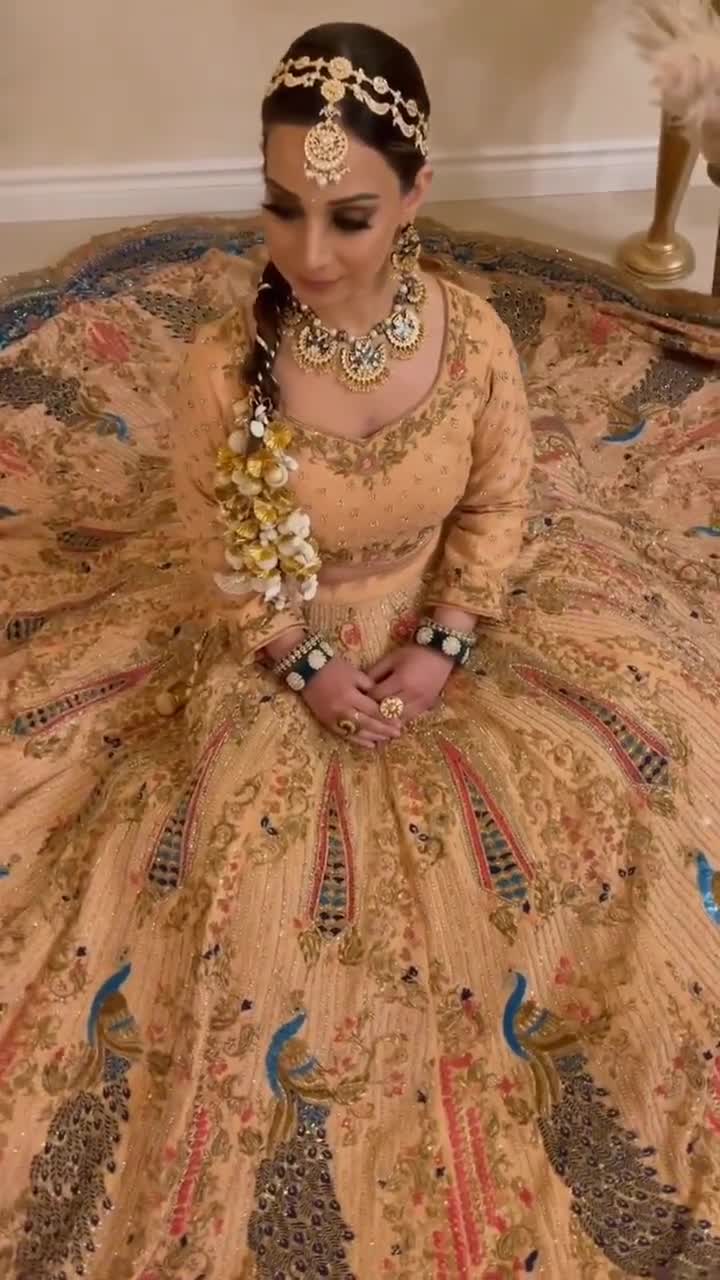 A Line Semi-Stitched Cream Peacock embroidered designer bridal Lehengacholi  on Georgette, Size: Free Size at Rs 9999 in Surat