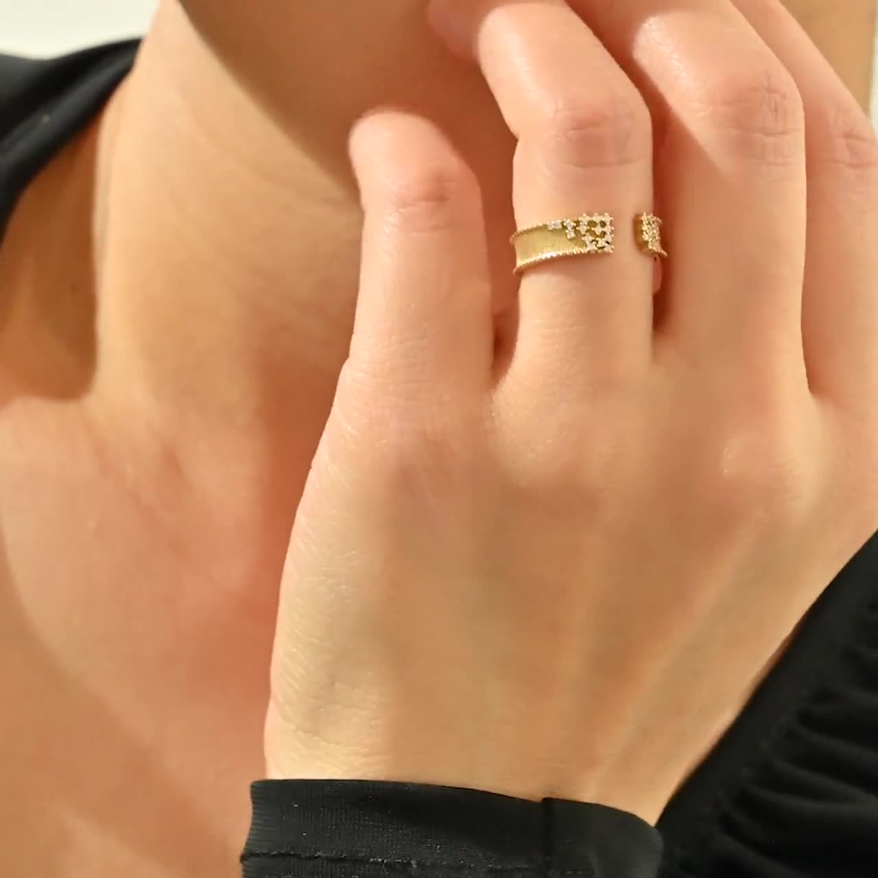 14k Solid Gold Diamond Open Wedding Band for Women, Textured