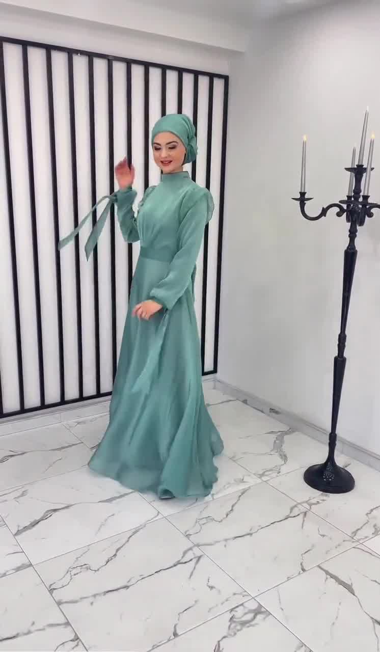 Stone Detail Mint Satin Evening Dress Hijab Clothes Turkey - Shop of Turkey  - Buy from Turkey with Fast Shipping