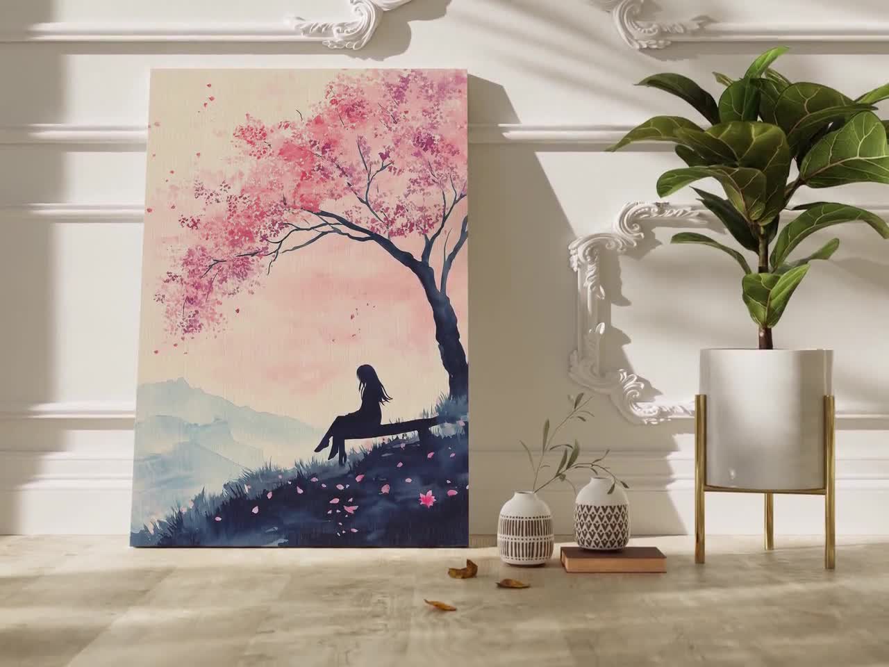 Girl Silhouette Under Cherry Blossom Tree Watercolor Wall Art