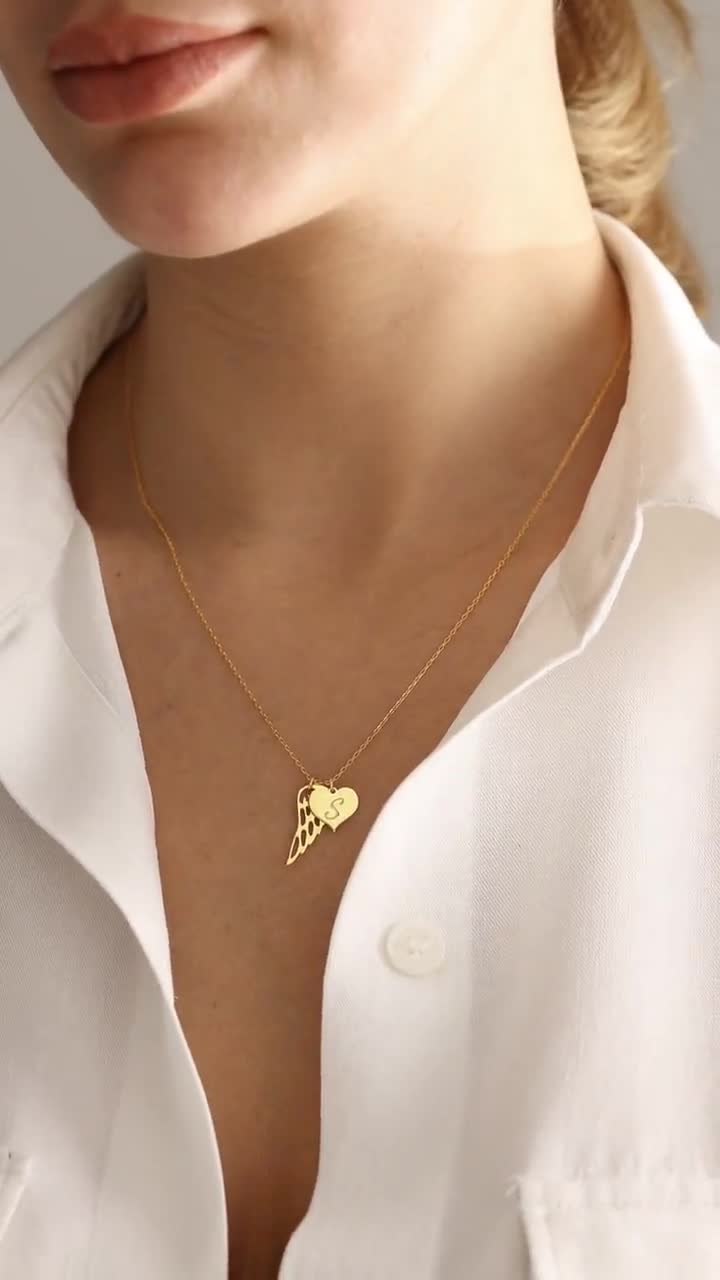Custom Memorial Wing necklace, Personalised Angel Gold Wing Necklace, Dainty Silver initial Heart Disc, Miscarriage Necklace, Gifts for Mom video poster