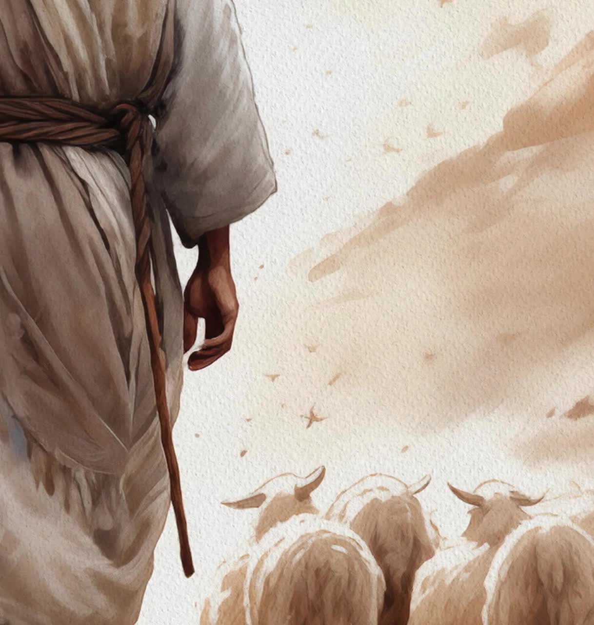 救世主、羊飼いのように私たちを導く、イエス・キリストと羊、水彩画