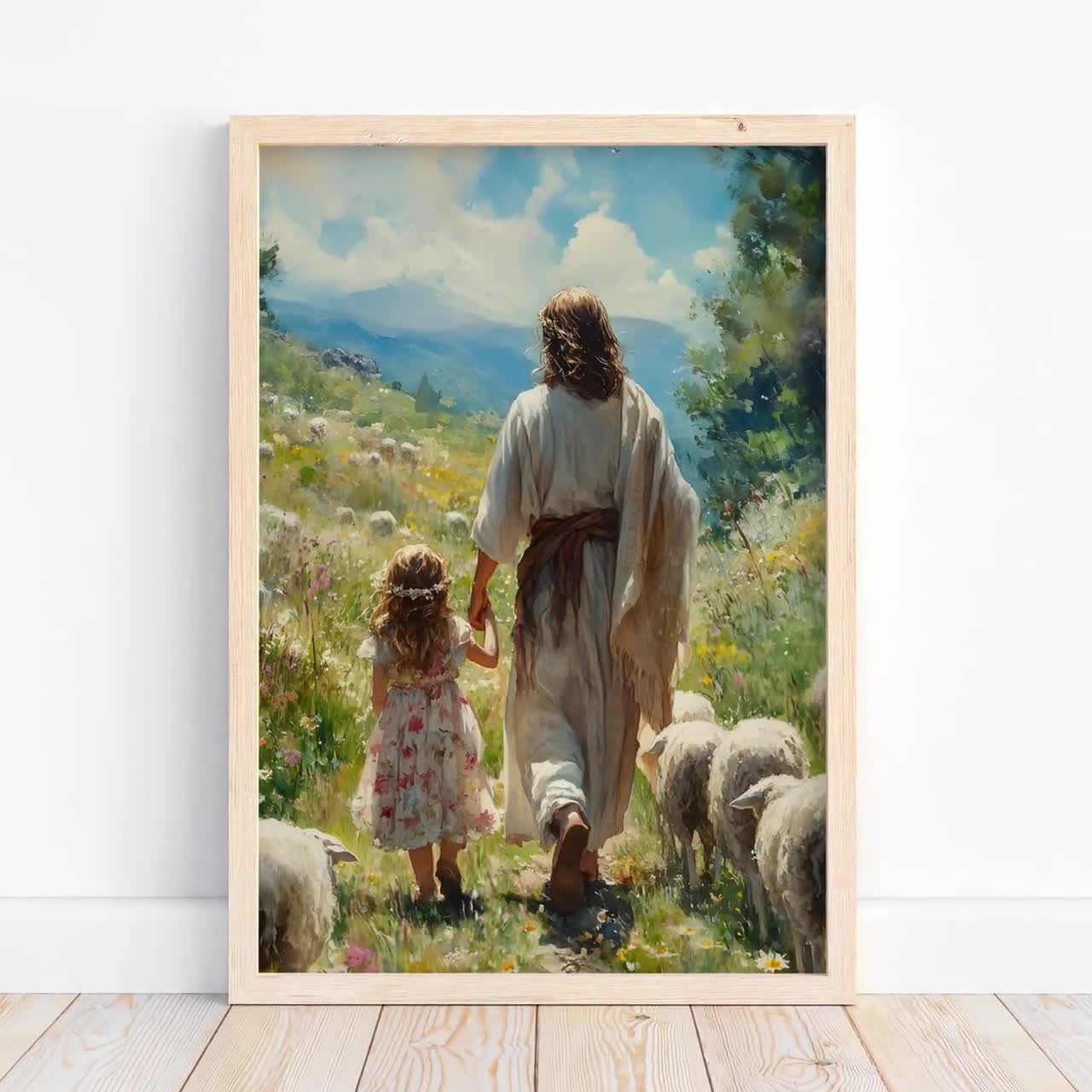 Jesus Painting With Girl and Sheep, Jesus Christ With a Little