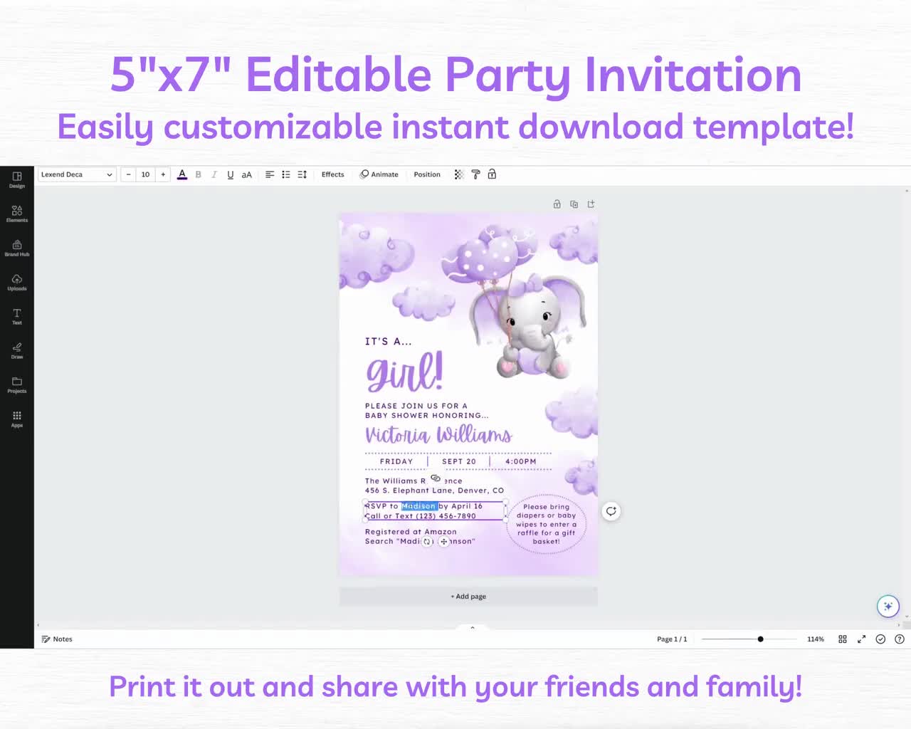 Invitation de douche de bébé éléphant violet, fille sexe neutre nuages Baby  Shower Invite, modèle imprimable de téléchargement instantané numérique  modifiable