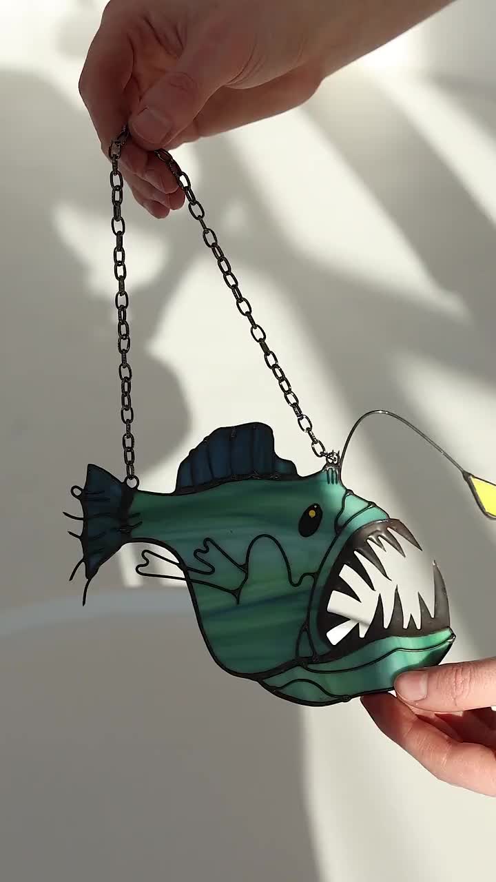 Angler Fish Devil Fish Suncatcher Stained Glass Decor Blue Home