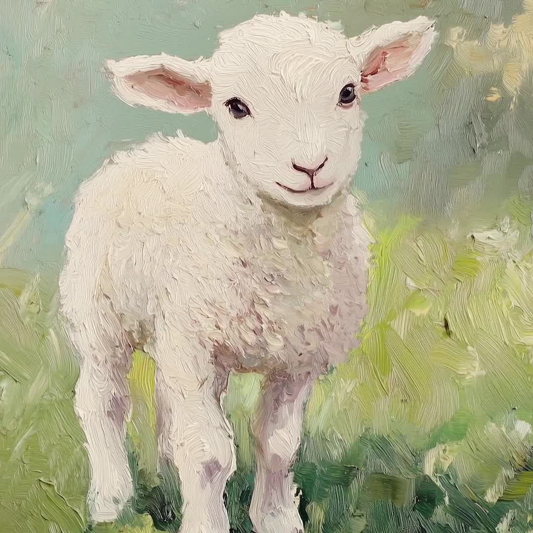 Little Lamb Oil Painting | Farm Animal Nursery Wall Art | Easter