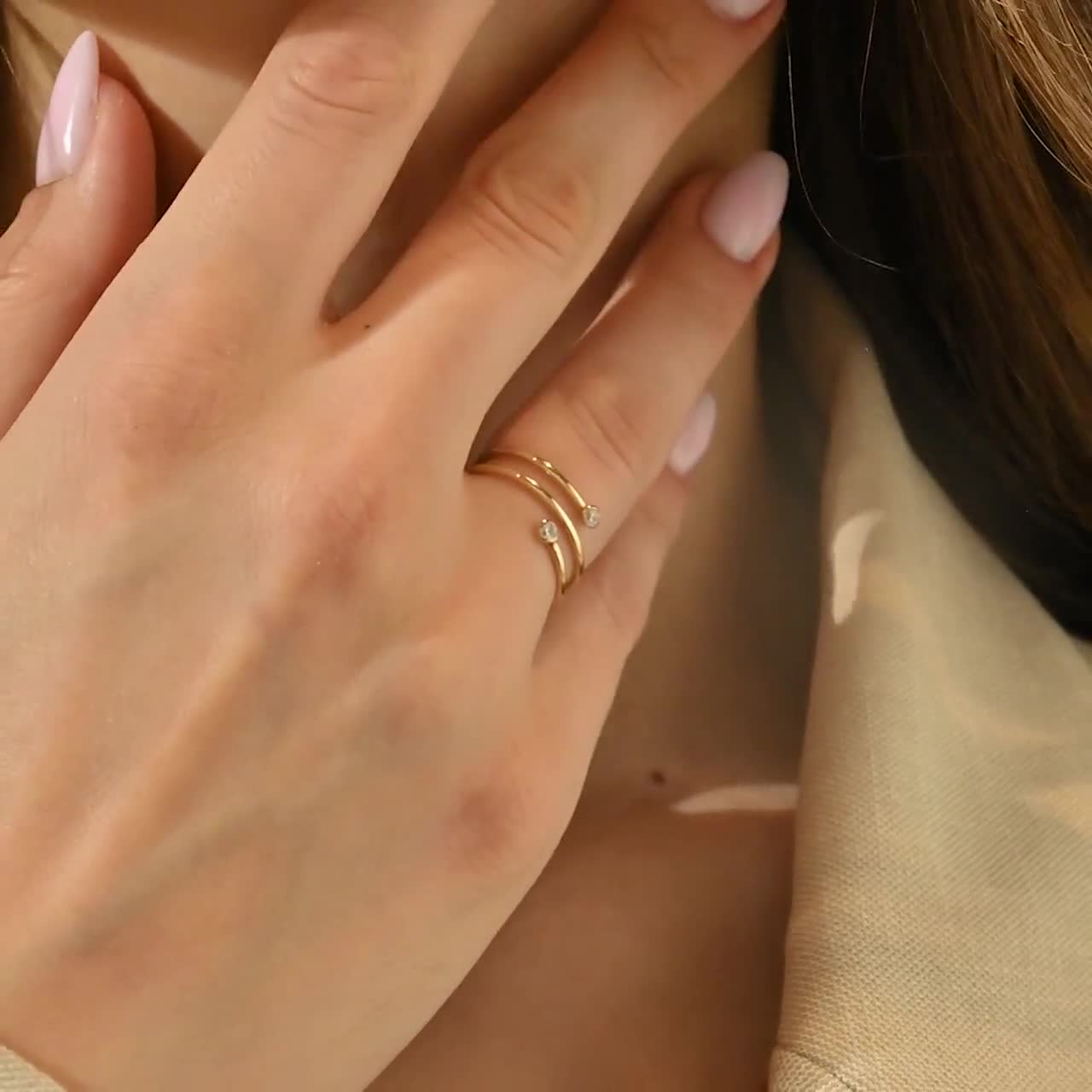Bezel Diamond Coil Ring / Wrap Around Ring / Dainty Double