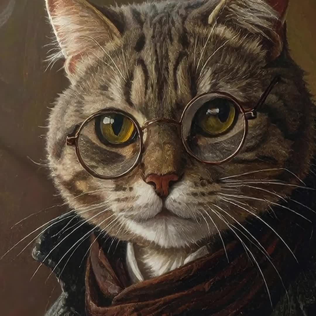 ジャン＝ポー・サルトル猫哲学者肖像画ヴィンテージ油絵スタイル猫