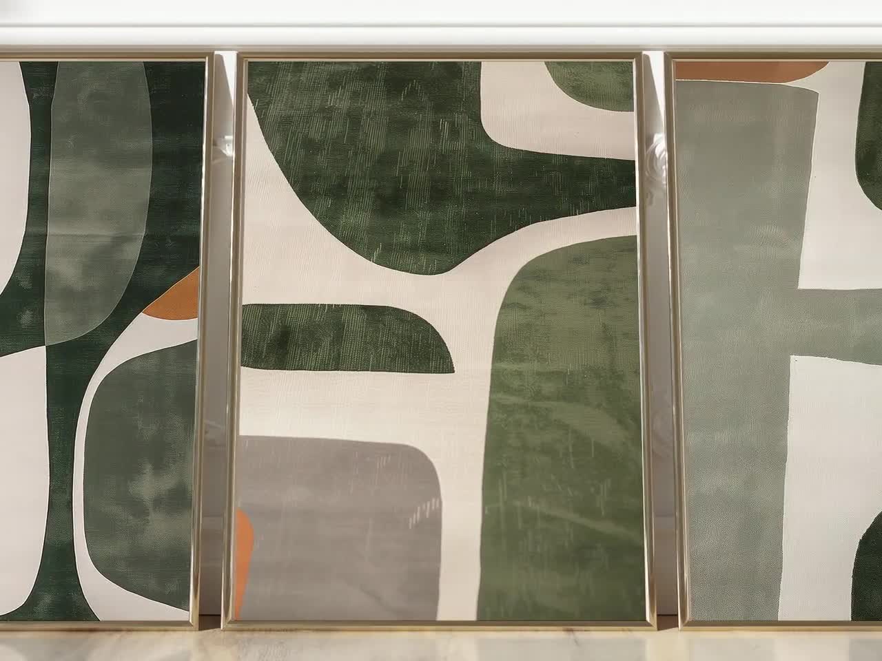 Moderne abstracte afdrukbare muurkunst set van 3, minimalistische poster uit het midden van de eeuw, hedendaagse boho abstracte kunst wordt afgedrukt, groen beige slaapkamer decor video poster