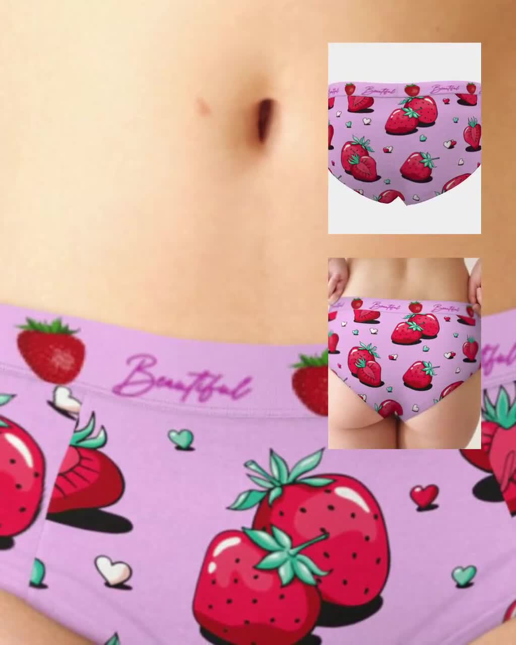Cute Strawberry Mid Waist Retro Hipster Panties for Women, Xs-xl/custom  Sizes Womens Underwear, Kawaii Pastel Pink Lingerie 