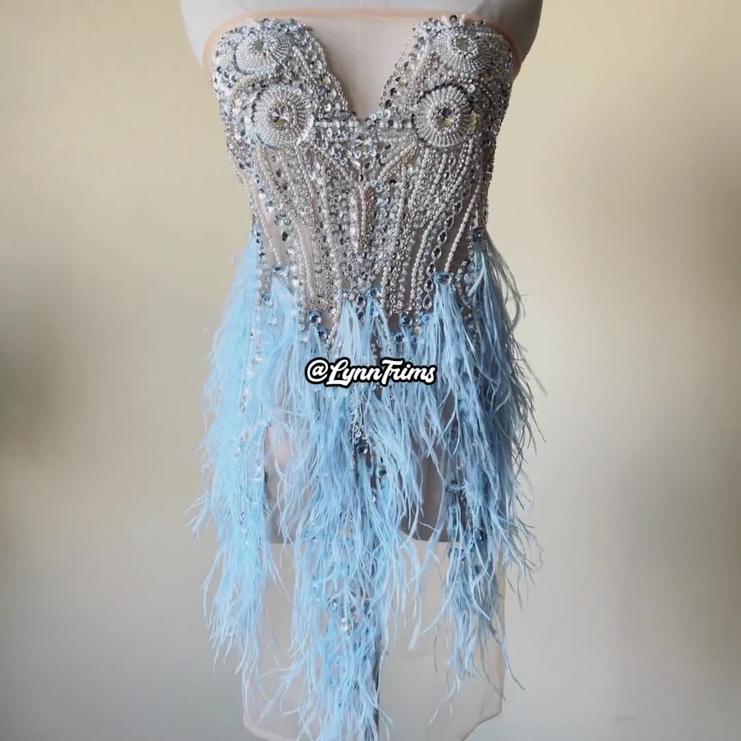 Cruella Rhinestone Feather Bodice Applique Tassel Trim Beaded Applique  Patch Hand Beaded Couture for Performance Gown Mini Sleeveless Dress