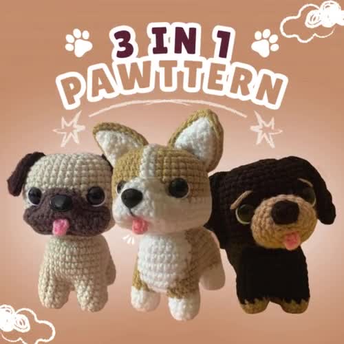 犬のかぎ針編みパターン：コーギー、パグ、ダックスフントの編みぐるみ