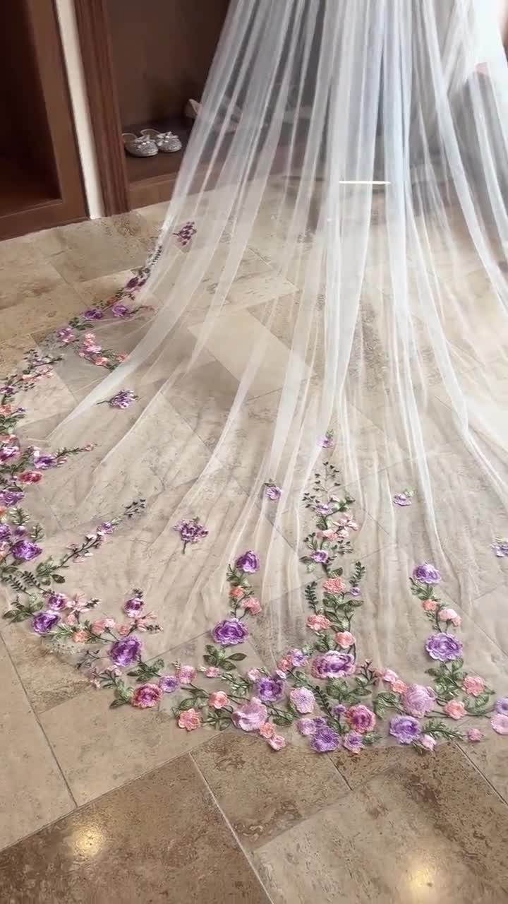 Voile De Dentelle Fleur Violette Feuille Verte, Voile De Mariage Fleur Vintage, Voile De Mariée Dentelle Florale, Voile Cathédrale élégant, Voile De Tulle Ivoire Avec Peigne - France