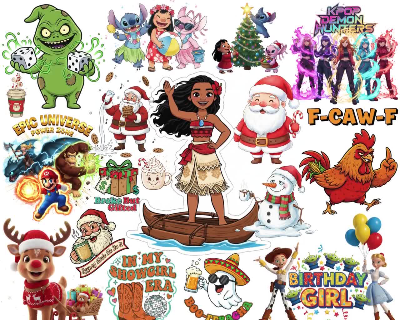 Pacchetto mega da oltre 3000 pezzi, Fantasma messicano, Acquerello natalizio di Lilo e Stitch, Cacciatrice di demoni Kpop, Pollo F-Caw-F, Stivali a terra. video poster