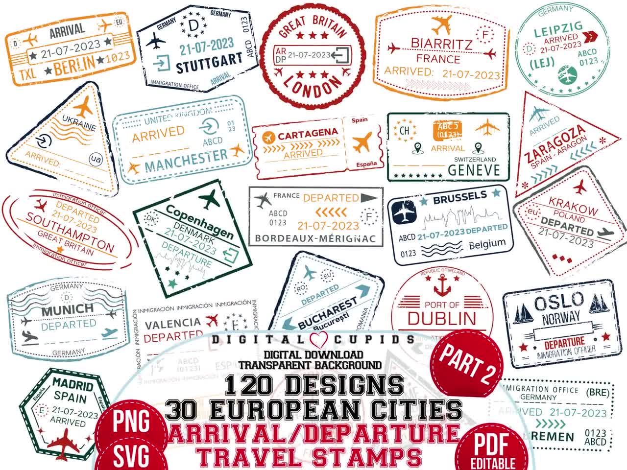 Passport Travel Stamps Stickers: 2nd Bundle SVG PNG PDF I Airport Visa  Arrival Departure Collection I Clipart Design I European Cities Print