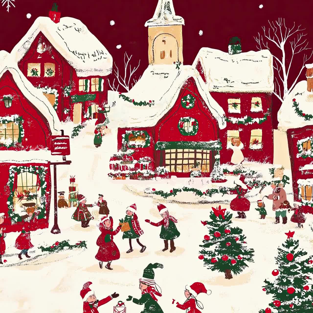 クリスマスタウンの水彩画｜雪の村の風景（デジタルダウンロード