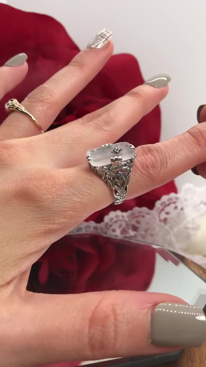 Frosted Glass Carved Ring Sterling Silver/ Baguette Camphor