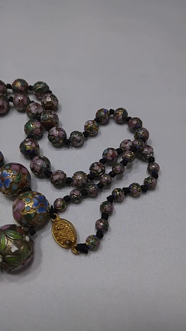 Vintage Cloisonne Beaded Necklace, Hand Knotted, Hand