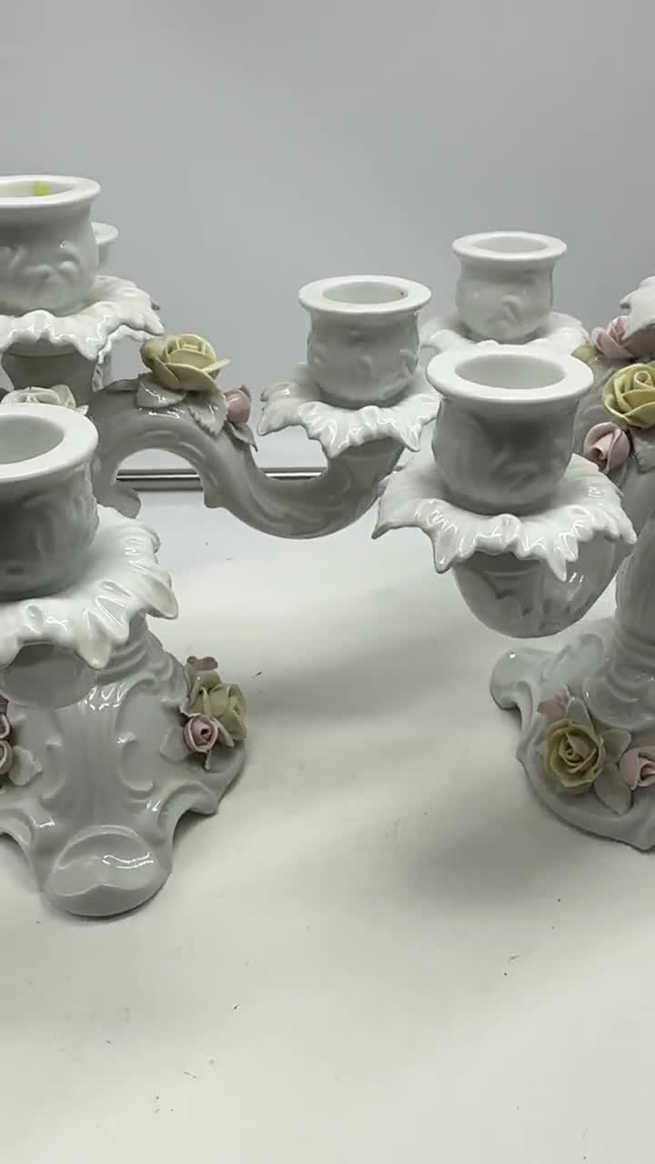 Vintage 70's Kaiser Porcelain Candelabras Candle Sticks -Set, Ten Candles Lighting -8" tall video poster
