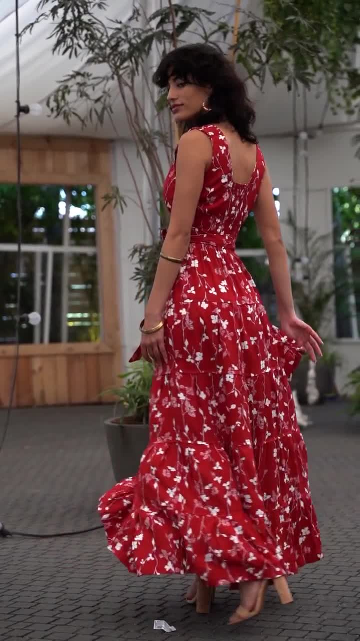 Dark Red Floral Boho Chic Summer Maxi Dress, Women Empire Waist Sundress,  Every-day / Special Occasion Sleeveless Ruffle carrie Dress -  Canada