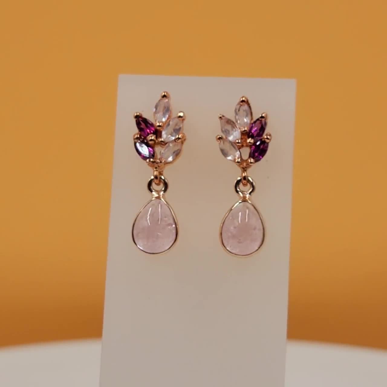 Orecchini in argento sterling 925 placcato oro con quarzo rosa e granato rodolite- Gemma Naturale - Regalo di Compleanno - Regalo di Natale - Idee Regalo Fatto a Mano per le Donne