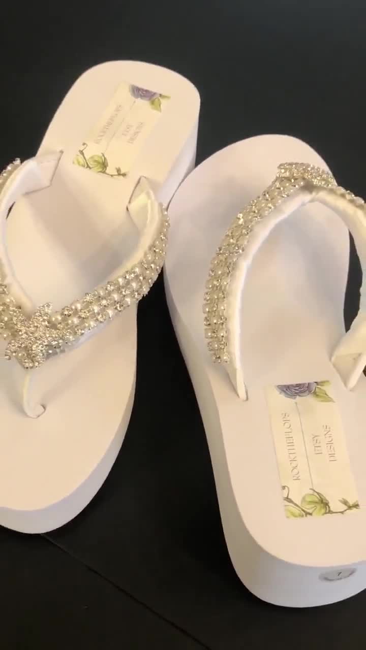 White Rhinestone Flower Bridal Flip Flops Beach Wedding Flip Flops WOMEN  Size 7