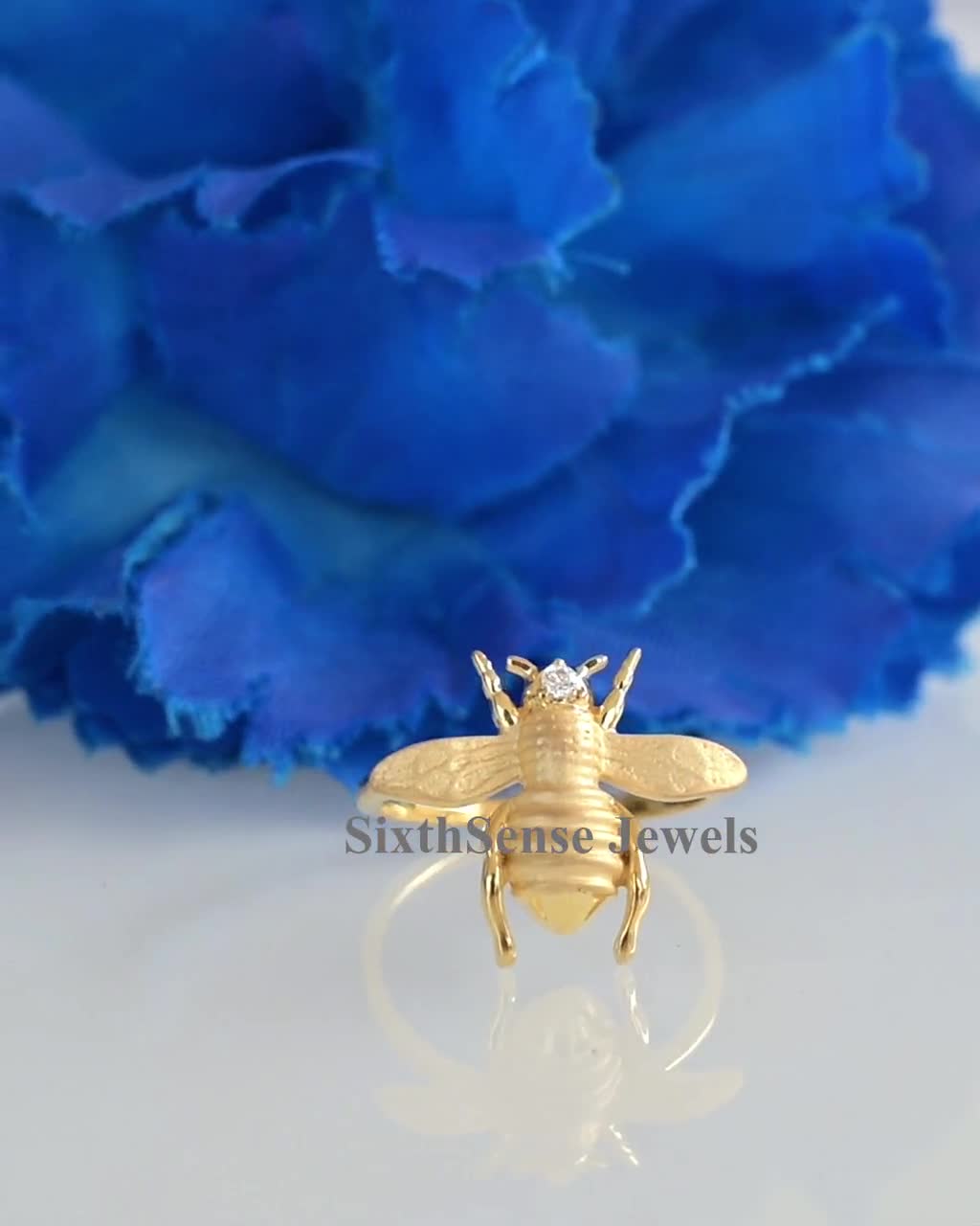 14K Gold Honey Bee Ring, Diamond Honey Bee Ring, Dainty Honey Bee