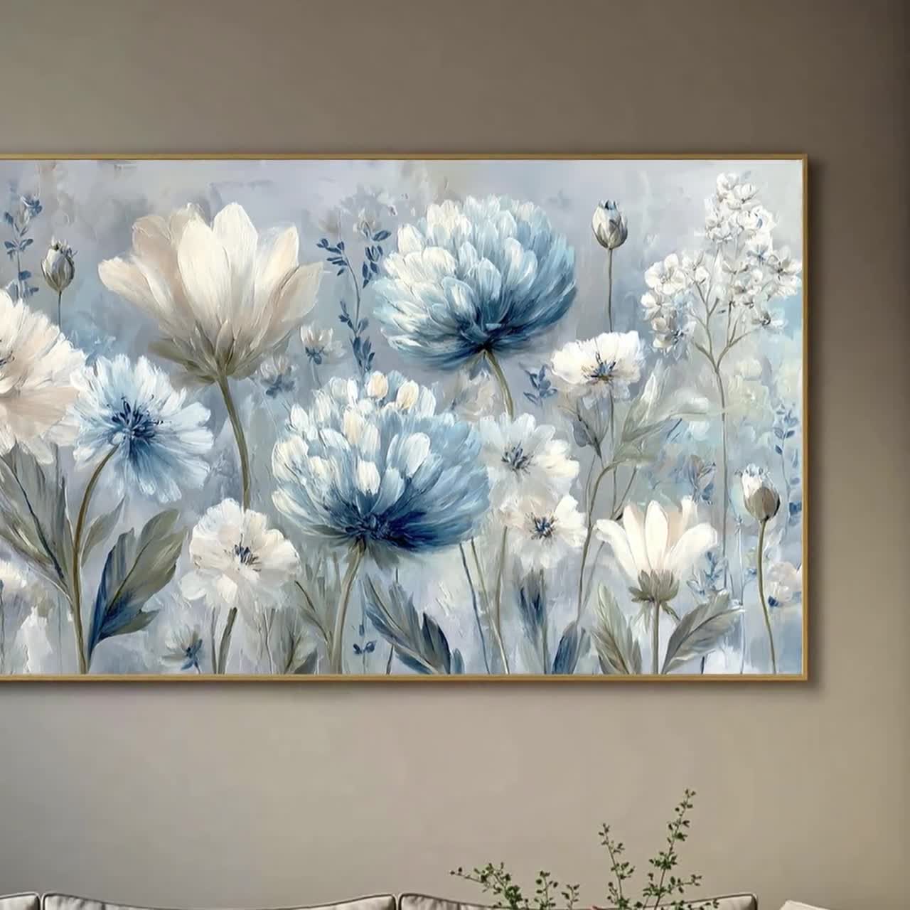 抽象的な花の油絵、白と青の花、庭のアートワーク - Etsy 日本