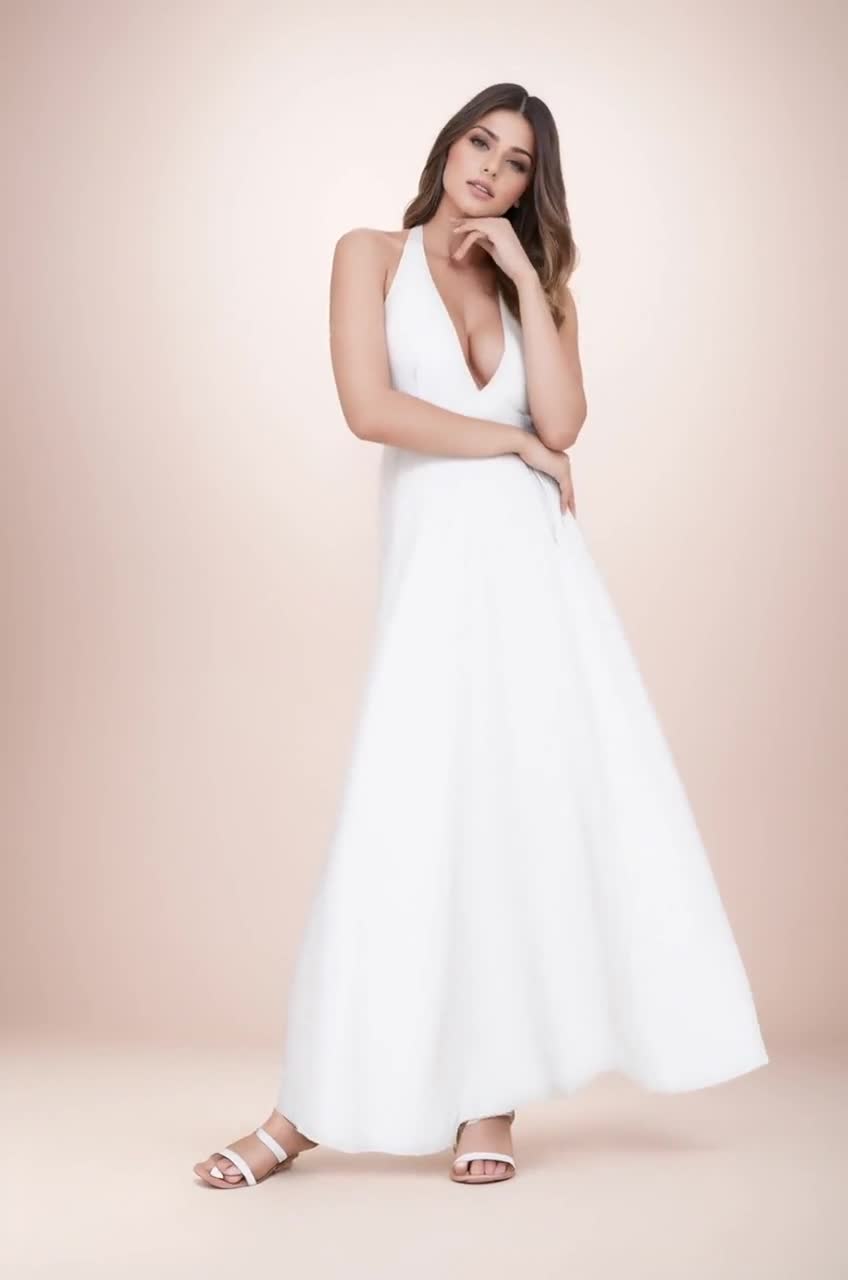 White Cotton Halter Maxi Dress, Flowy Beach Vacation Sundress