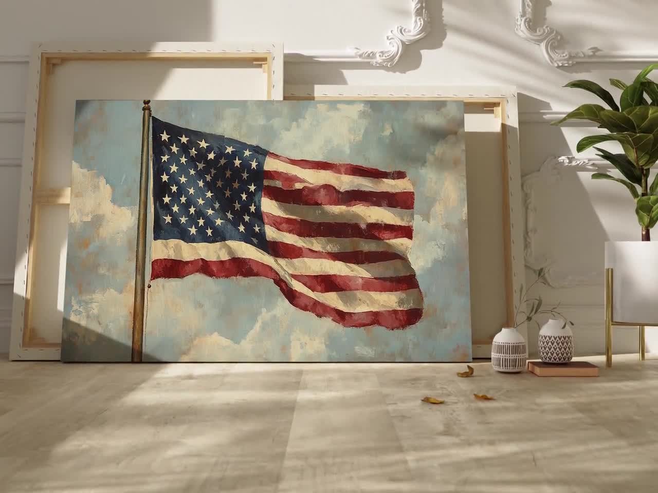 アメリカ国旗　アートフレーム アメリカ国旗キャンバスウォールアート | 素朴な筆遣いで描かれた愛国
