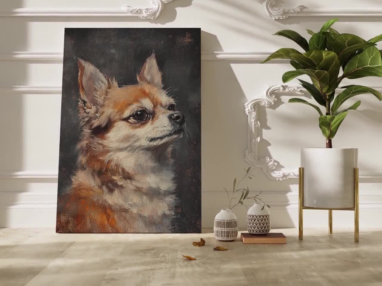 チワワ犬のキャンバスアート、ヴィンテージ油絵スタイル、エレガントな