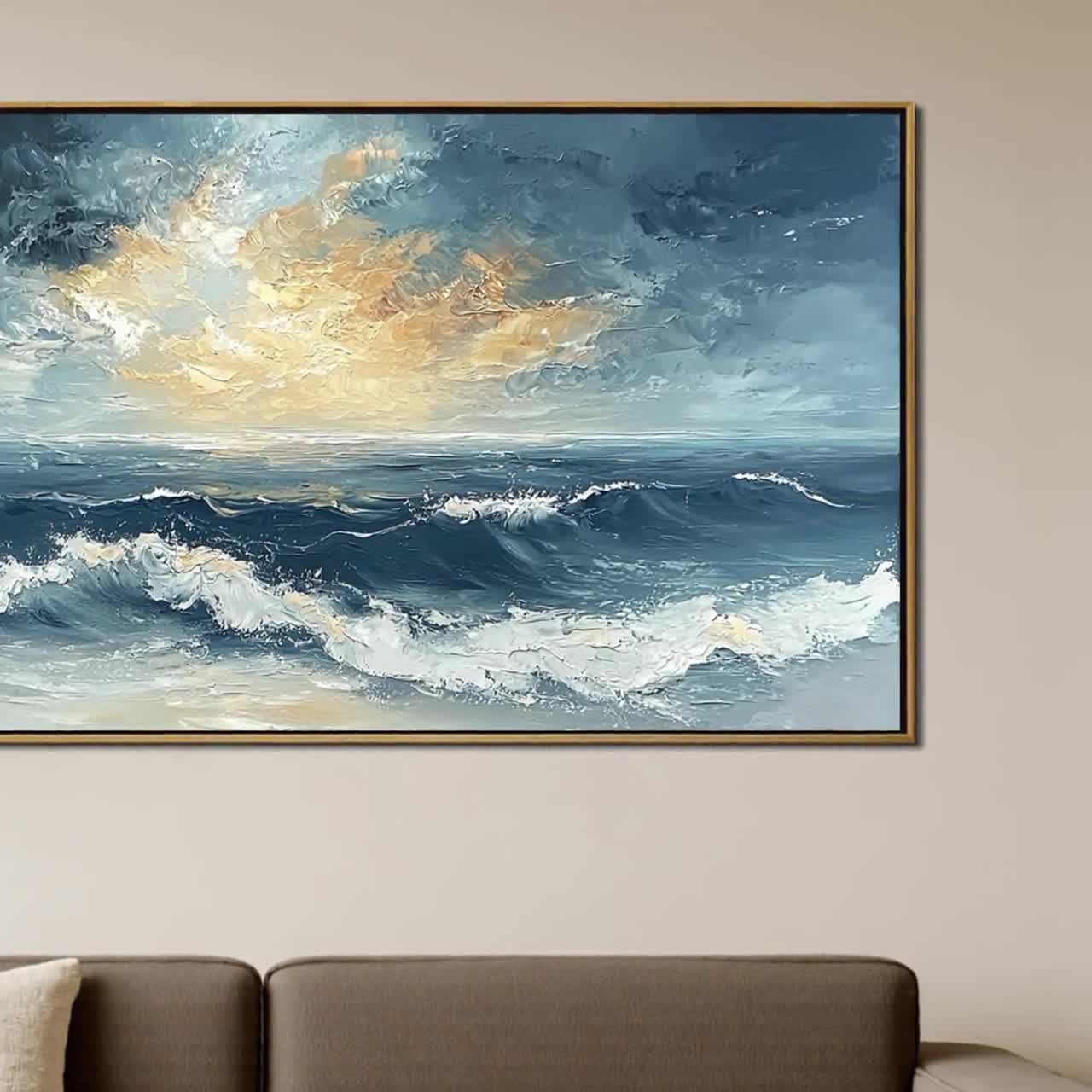 キャンバスに描かれたオリジナルの夕日の海の油絵、大きなテクスチャの