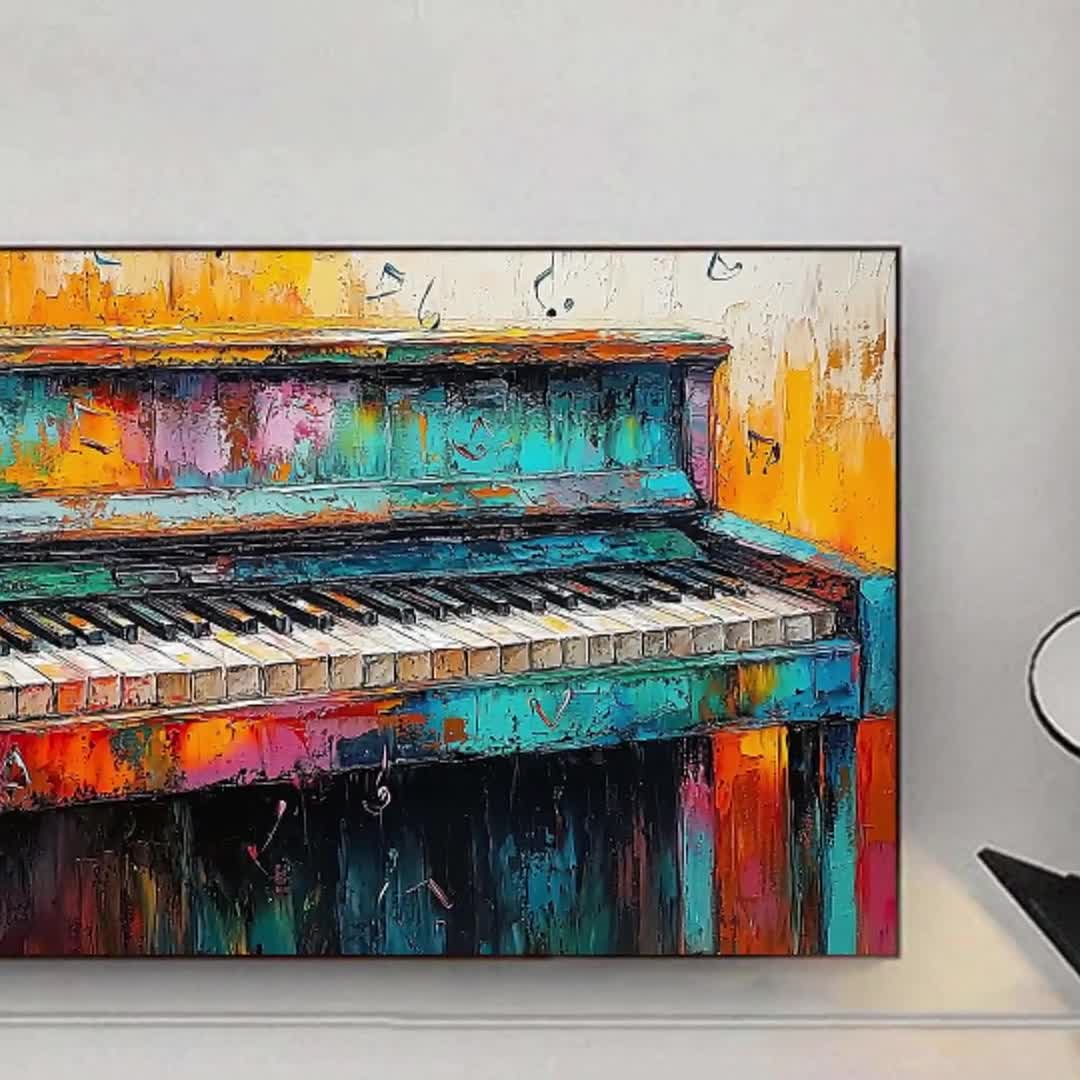 Large Abstract Piano Oil Painting on Canvas, Original
