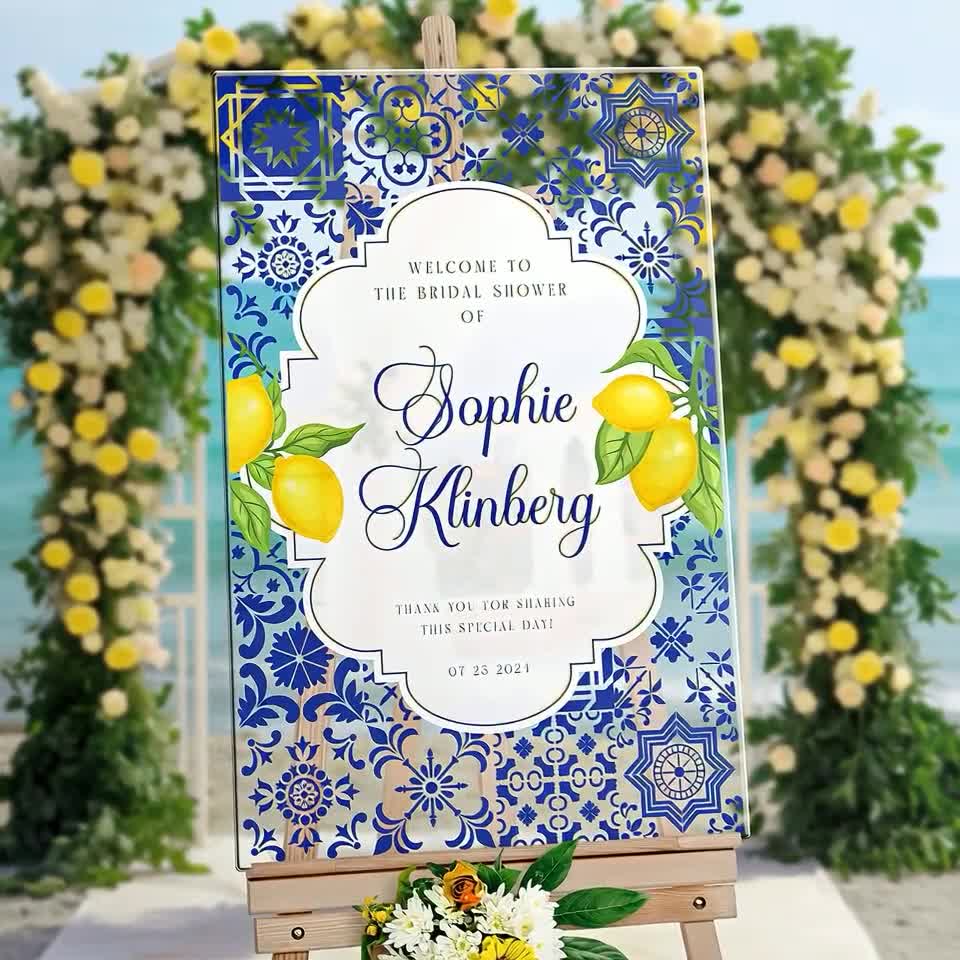 Letrero de azulejos azules para despedida de soltera, letrero de bienvenida para despedida de soltera "Ella encontró a su pareja", letrero cítrico para despedida de soltera MyrtleRoyalBoutique video poster