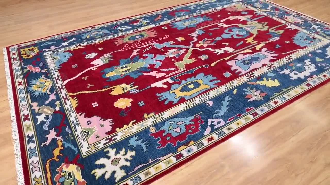 手織りウールラグ：赤と青の花柄幾何学模様 - Etsy 日本