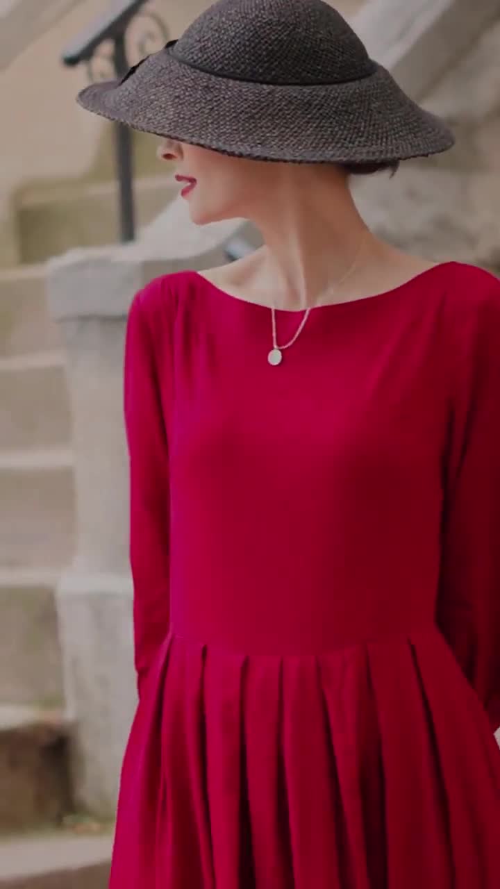 Boat Neck Long Linen Dress, Womens A Line Red Pleated Maxi