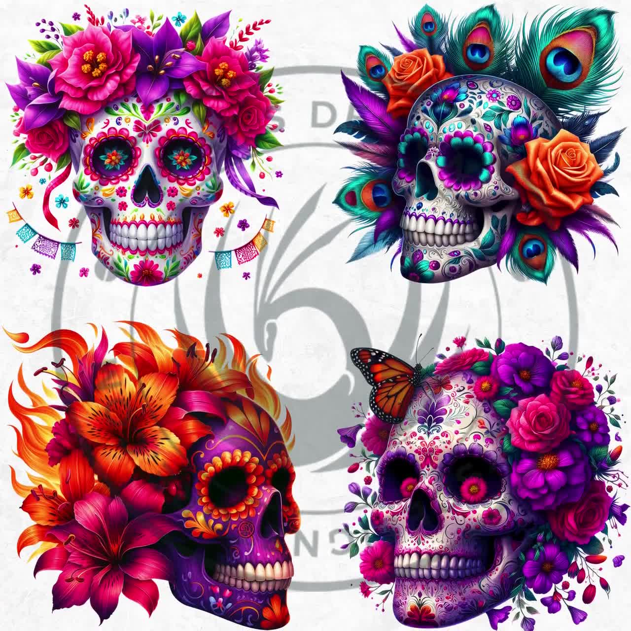 花柄シュガースカル クリップアート セット、死者の日 PNG (商用利用