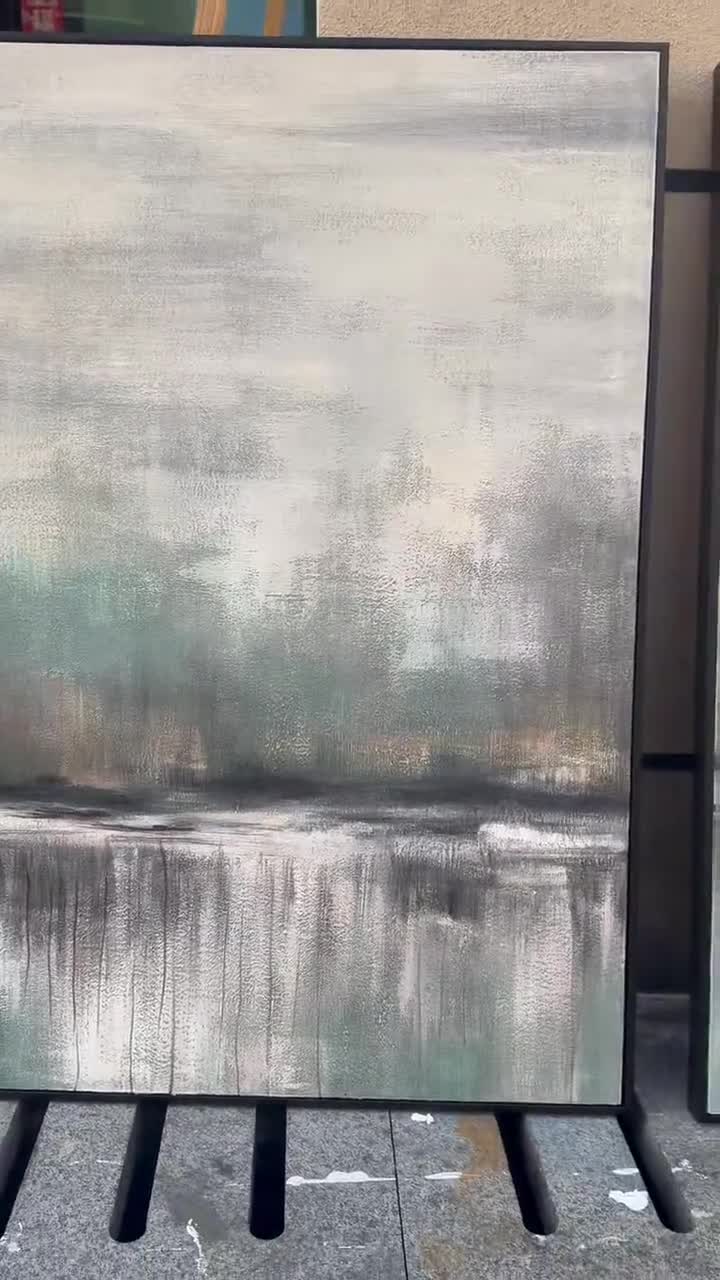 大きな緑色の抽象キャンバス絵画：ベージュの質感のある壁掛けアート